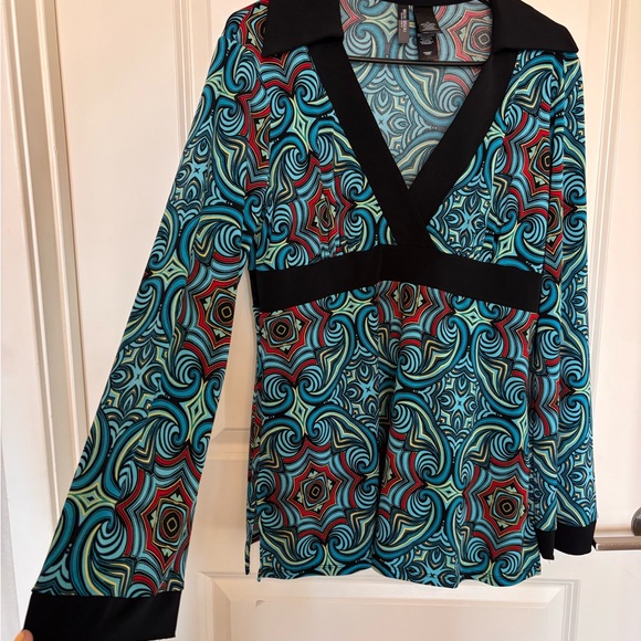 Vtg 70s Bisou Bisou Psychedelic Geometric Empire Waist Bell Sleeve Top Size L - Picture 11 of 15